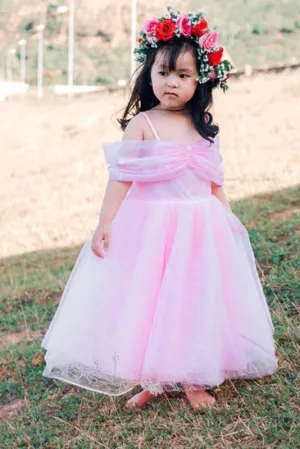 Cute A-line Off-shoulder Floor Length Tulle Sleeveless Flower Girl Dresses OHR037