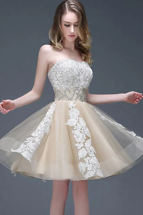 Cute Sweetheart Above Knee Sleeveless Appliques Beading Short Tulle Homecoming Party Dress OHM102