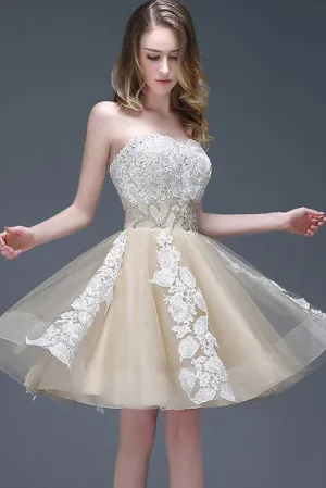 Cute Sweetheart Above Knee Sleeveless Appliques Beading Short Tulle Homecoming Party Dress OHM102