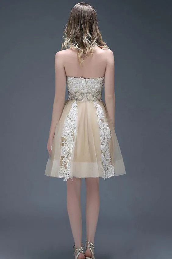 Cute Sweetheart Above Knee Sleeveless Appliques Beading Short Tulle Homecoming Party Dress OHM102