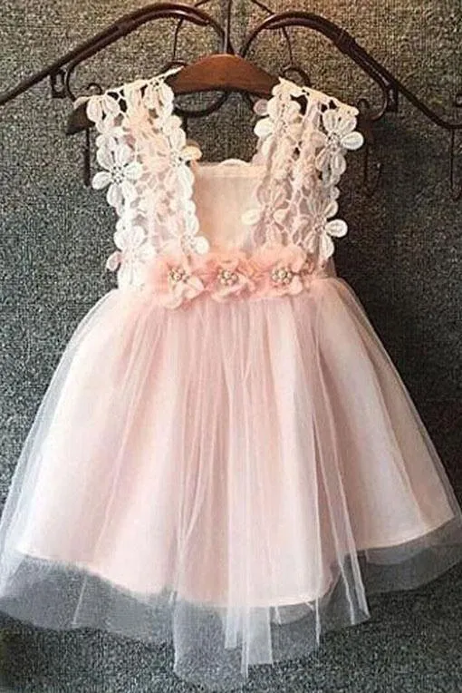 Cute Tulle Bow Lace Beads Cap Sleeve Flower Girl Dresses OHR013