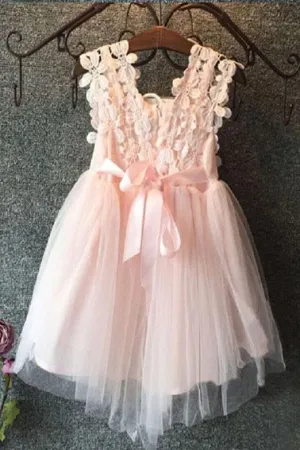 Cute Tulle Bow Lace Beads Cap Sleeve Flower Girl Dresses OHR013