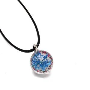 Dark Blue Gypsophila Round Cord Pendant Necklace