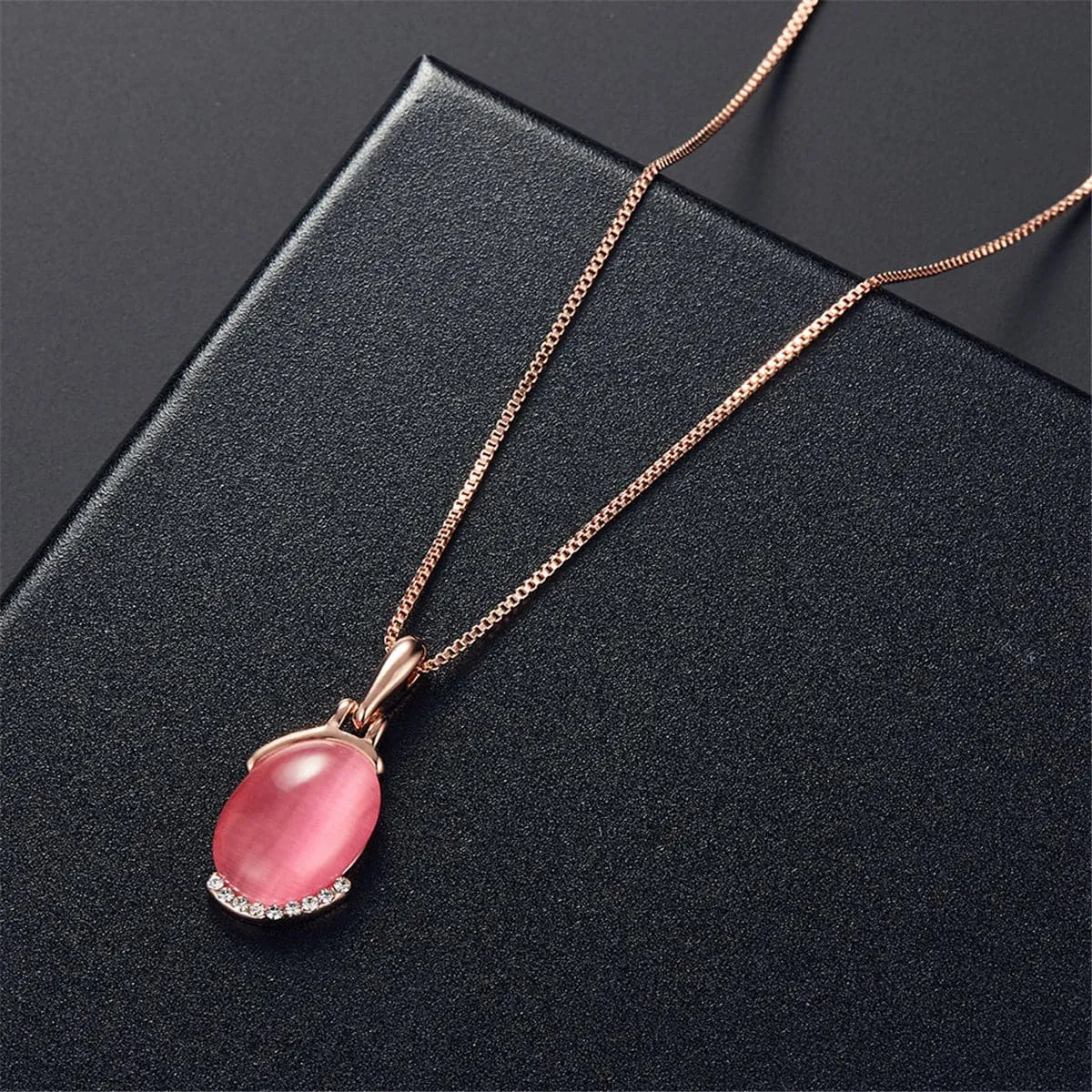Dark Pink Cats Eye & 18K Rose Gold-Plated Pendant Necklace & Stud Earrings Set