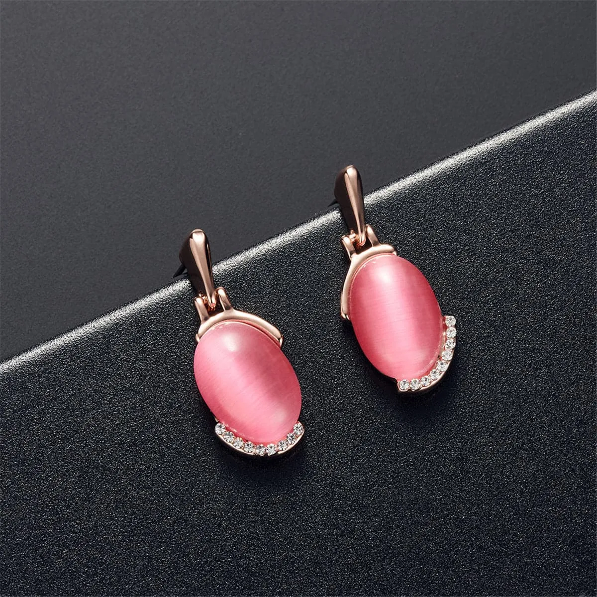 Dark Pink Cats Eye & 18K Rose Gold-Plated Pendant Necklace & Stud Earrings Set