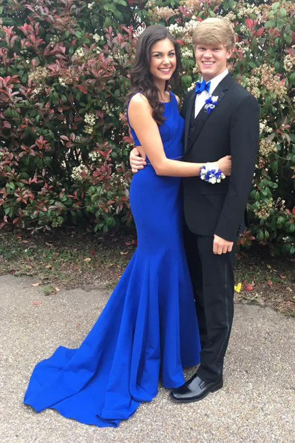 Decent Bateau Open Back Sweep Train Royal Blue Mermaid Prom Dress with Beading LPD056
