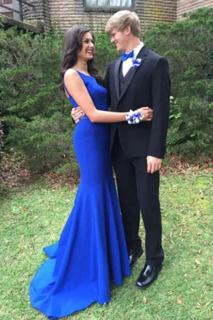 Decent Bateau Open Back Sweep Train Royal Blue Mermaid Prom Dress with Beading LPD056