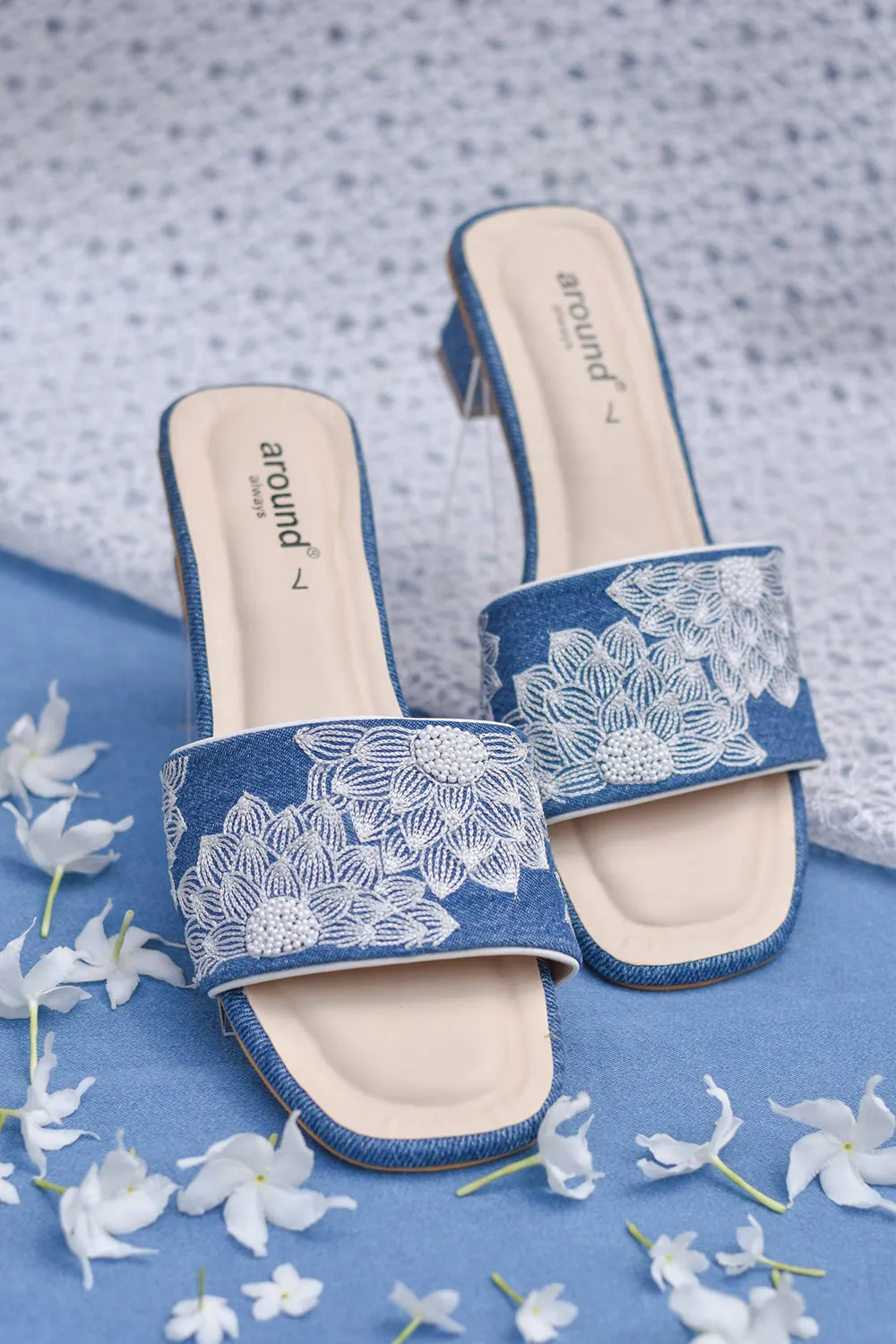 Denim Embroidered Blue & White Heels