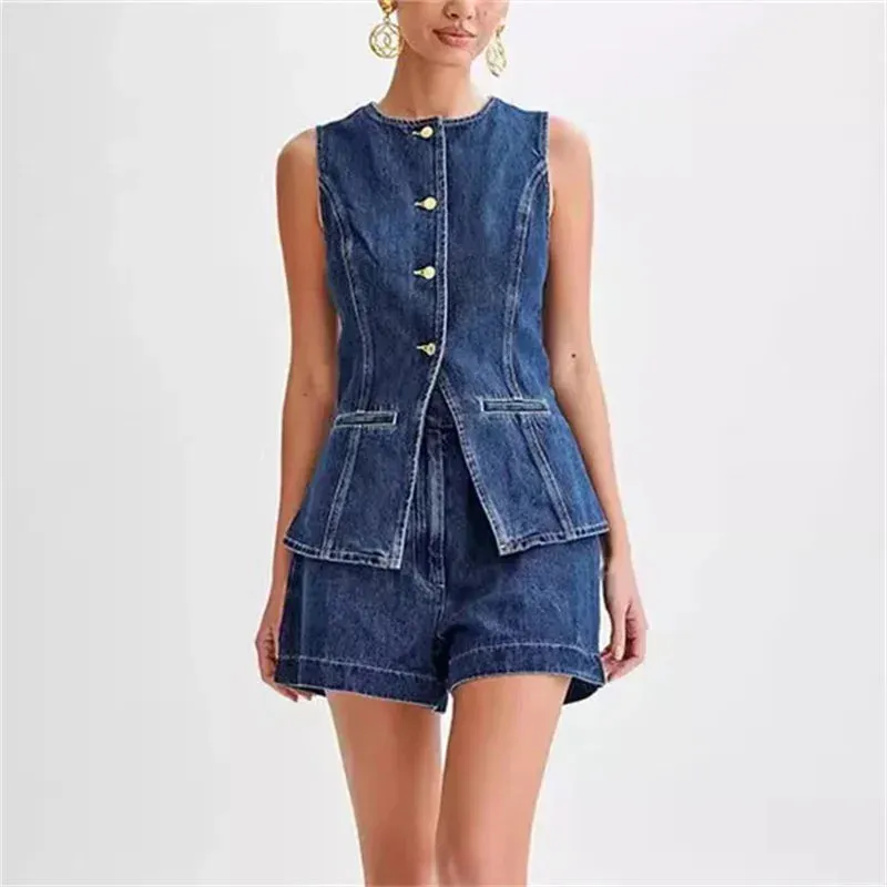 Denim Sleeveless Button Splicing Two Piece Sets