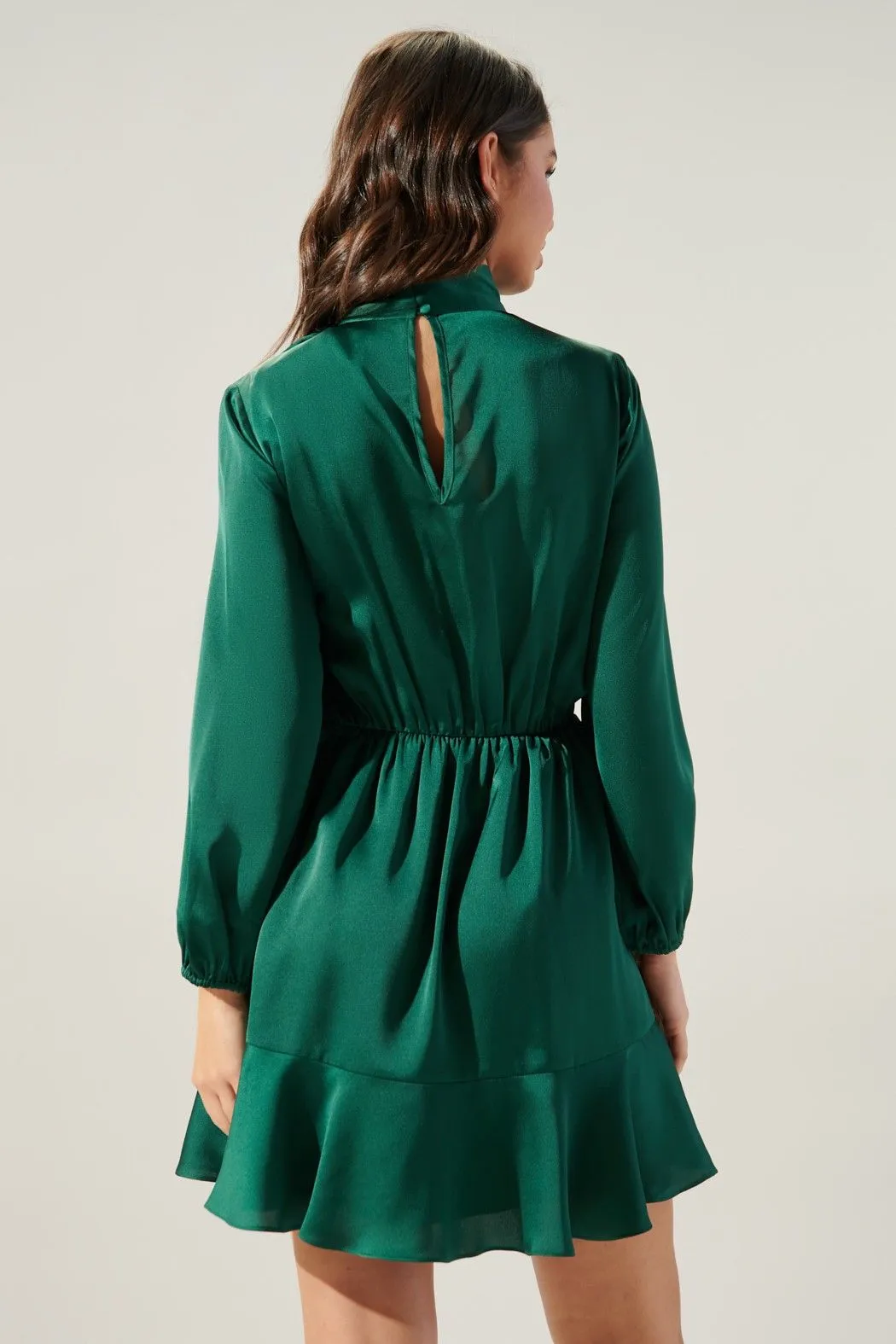 Desiree Satin Flouncy Tie Neck Mini Dress