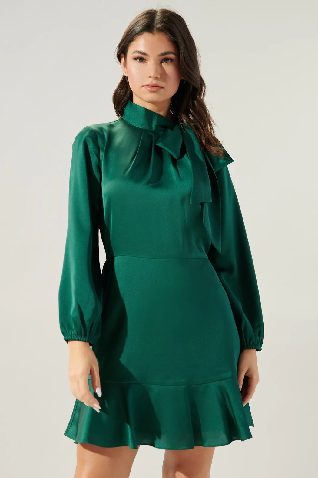 Desiree Satin Flouncy Tie Neck Mini Dress