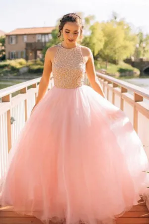 Dramatic Round Neck Sleeveless Floor-Length Pink Prom Dress with Beading LPD059