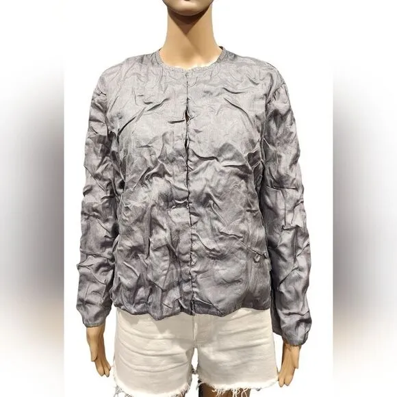 Eileen Fisher women's silver gray ruched long sleeve silk jacket Size Small