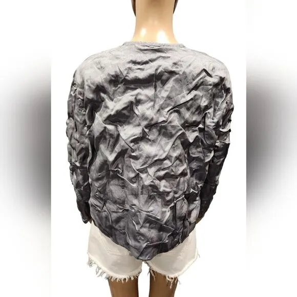 Eileen Fisher women's silver gray ruched long sleeve silk jacket Size Small