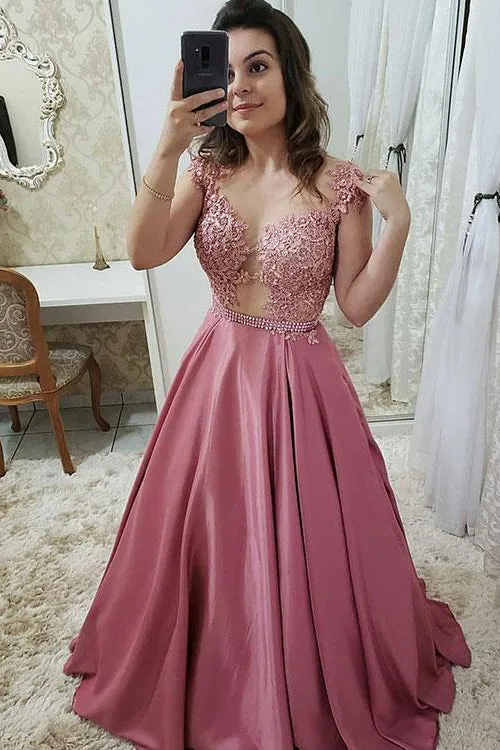 Elegant A Line Pink Round Neck Sleeveless Lace Long Satin Prom Dress Evening Dress OHC470