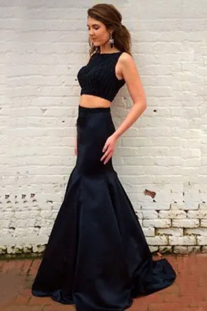 Elegant Bateau Sweep Train Backless Two Piece Black Mermaid Prom Dress with Beading LPD045