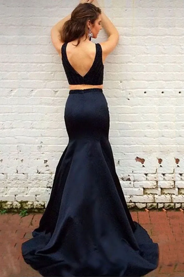 Elegant Bateau Sweep Train Backless Two Piece Black Mermaid Prom Dress with Beading LPD045