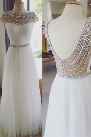 Elegant Cap Sleeves White Beading Backless Formal Evening/Prom Dress LPD074