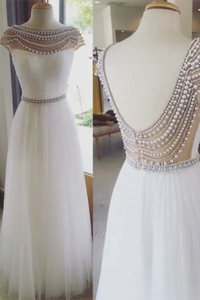 Elegant Cap Sleeves White Beading Backless Formal Evening/Prom Dress LPD074
