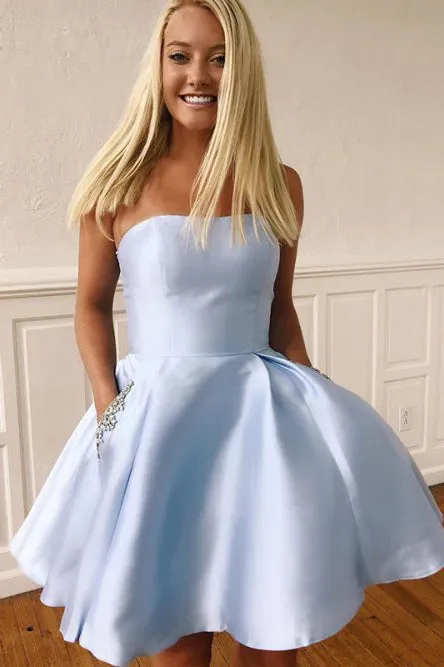 Elegant Strapless Satin Homecoming Dress with Beading Pockets OHM047