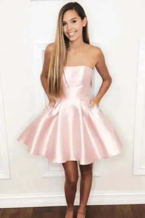Elegant Strapless Satin Homecoming Dress with Beading Pockets OHM047