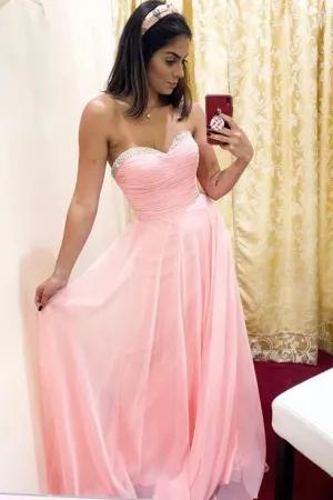 Elegant Sweetheart Sleeveless Pink Chiffon Beaded Long Prom Dress Evening Dress OHC363