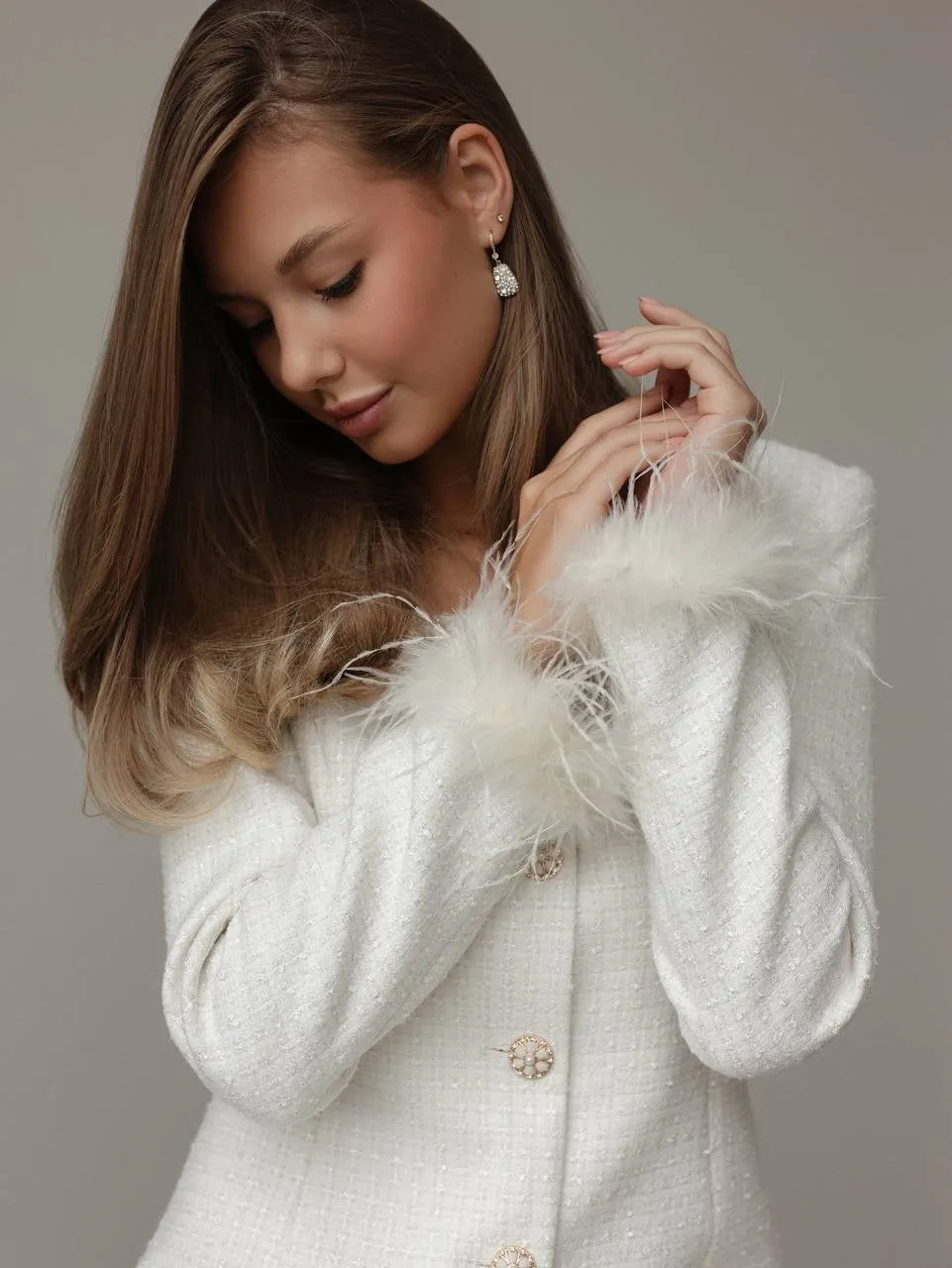 Elegant White Tweed Dress with Feather Cuffs