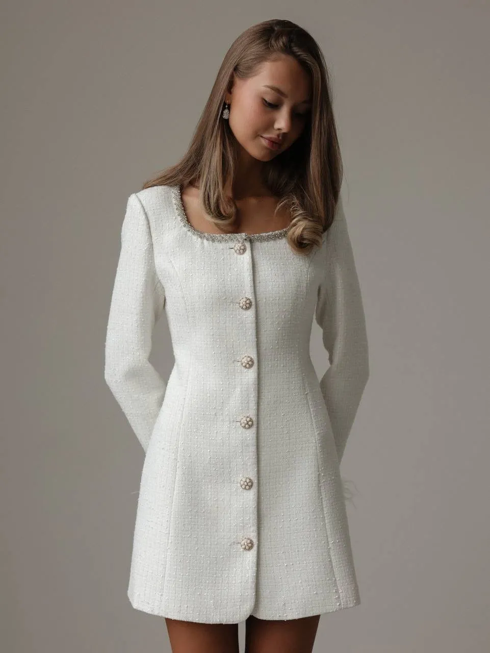 Elegant White Tweed Dress with Feather Cuffs