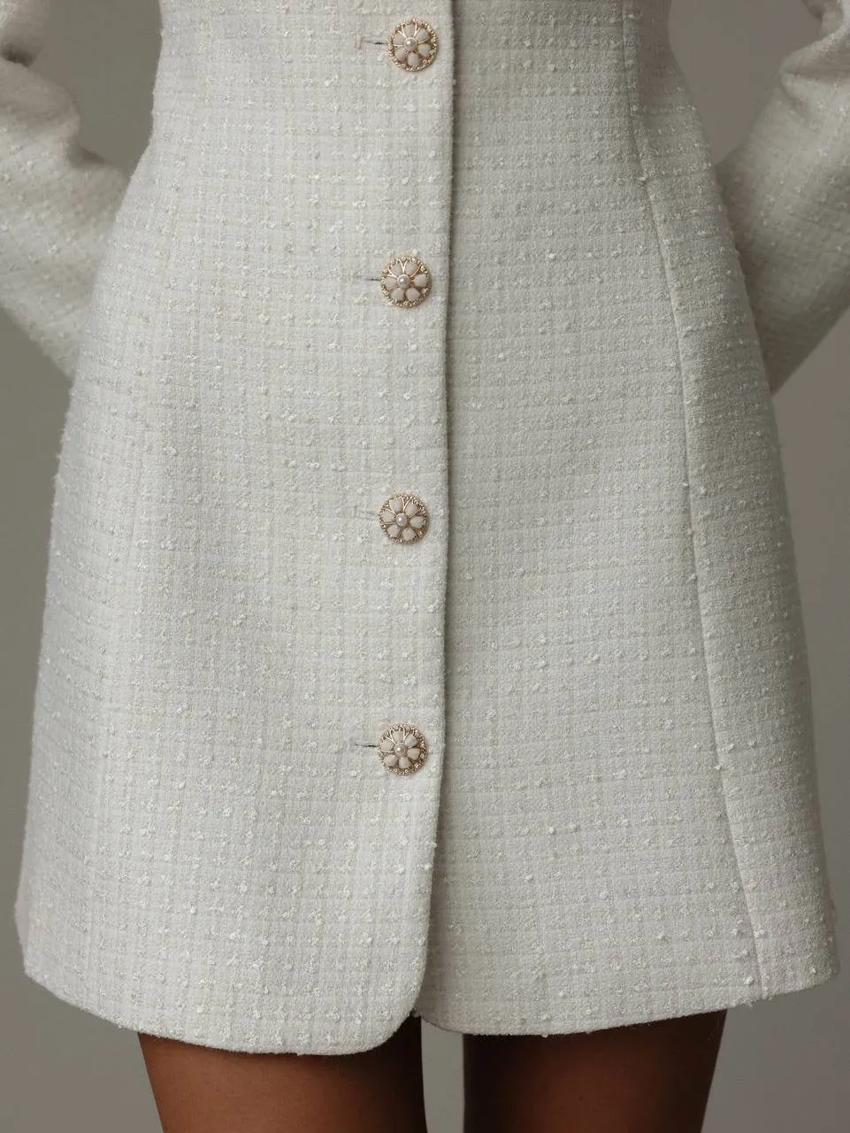 Elegant White Tweed Dress with Feather Cuffs