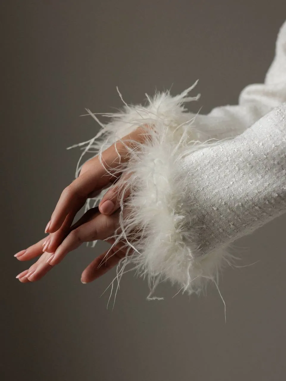 Elegant White Tweed Dress with Feather Cuffs