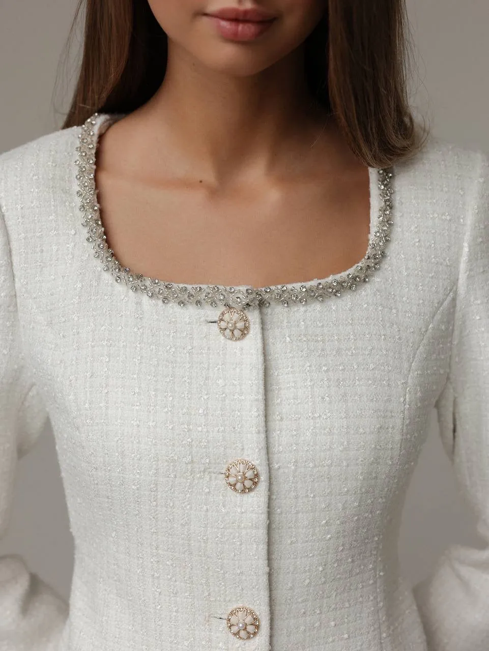 Elegant White Tweed Dress with Feather Cuffs