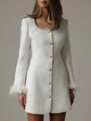 Elegant White Tweed Dress with Feather Cuffs