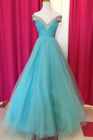 Fabulous Off Shoulder Floor Length Blue Ruched Prom Dress with Beading LPD065