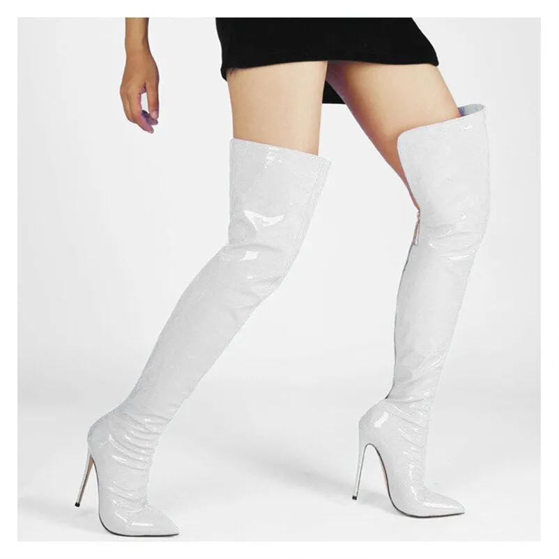 Fashion Patent Leather Women Over Knee Boots Women Back Zipper Long Boots Ladies Pointed Toe Sexy High Heels Large Size Shoes
