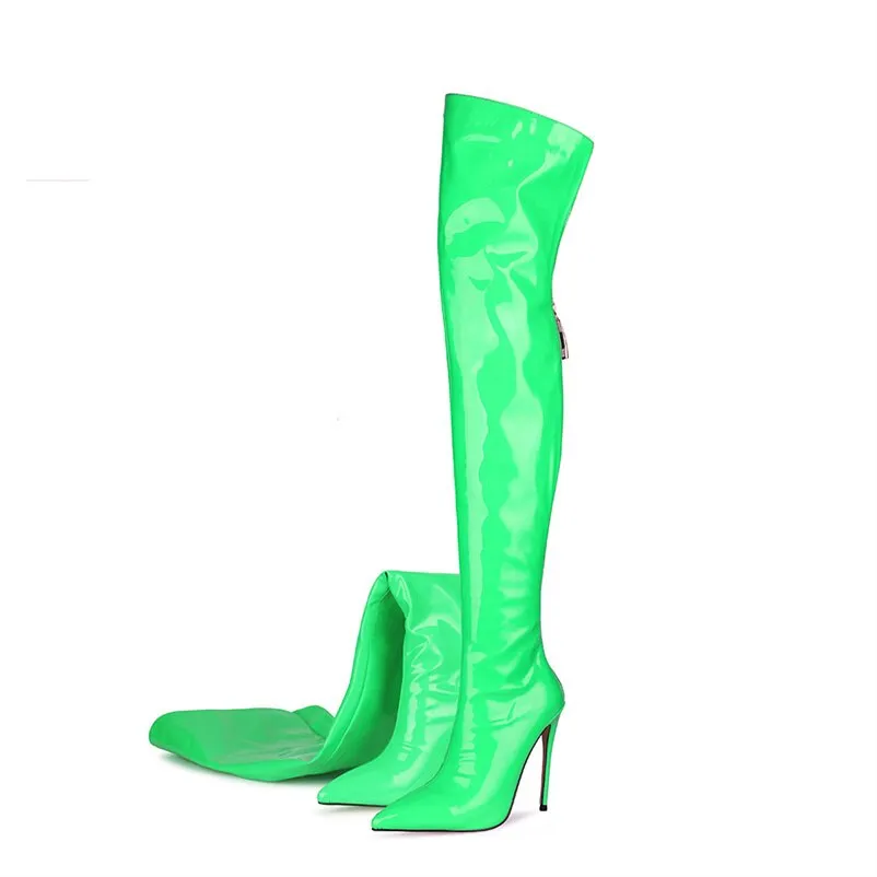 Fashion Patent Leather Women Over Knee Boots Women Back Zipper Long Boots Ladies Pointed Toe Sexy High Heels Large Size Shoes