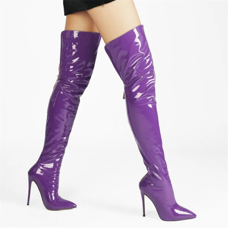 Fashion Patent Leather Women Over Knee Boots Women Back Zipper Long Boots Ladies Pointed Toe Sexy High Heels Large Size Shoes