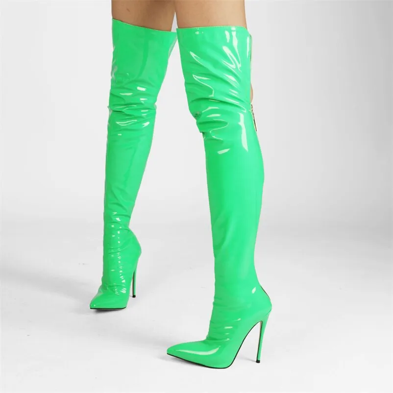 Fashion Patent Leather Women Over Knee Boots Women Back Zipper Long Boots Ladies Pointed Toe Sexy High Heels Large Size Shoes