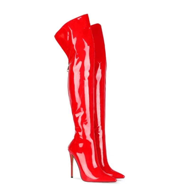 Fashion Patent Leather Women Over Knee Boots Women Back Zipper Long Boots Ladies Pointed Toe Sexy High Heels Large Size Shoes