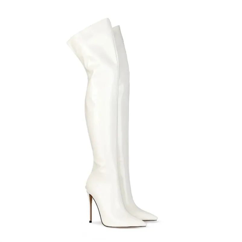 Fashion Patent Leather Women Over Knee Boots Women Back Zipper Long Boots Ladies Pointed Toe Sexy High Heels Large Size Shoes