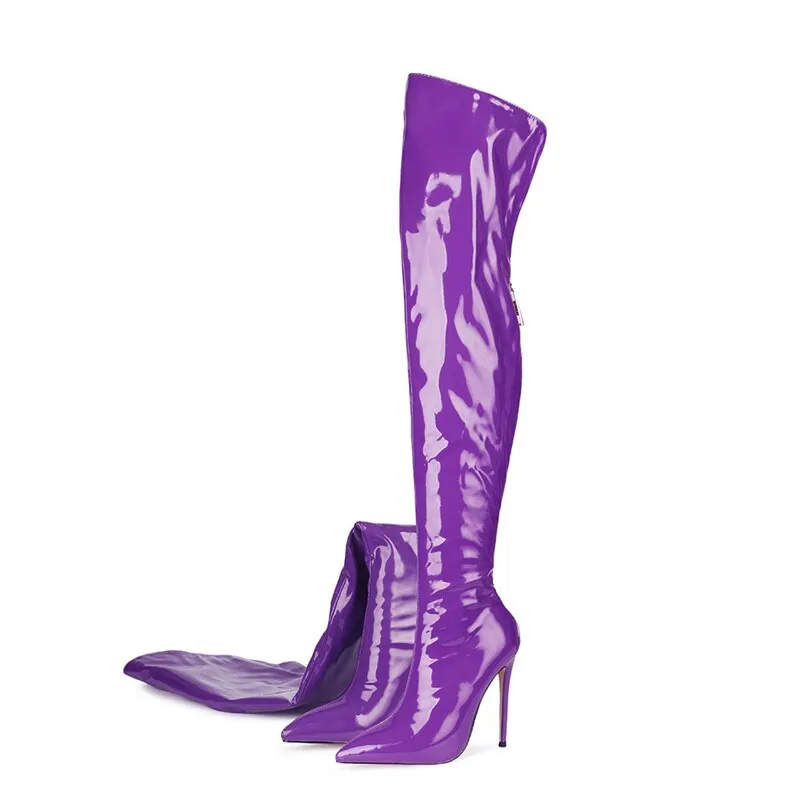 Fashion Patent Leather Women Over Knee Boots Women Back Zipper Long Boots Ladies Pointed Toe Sexy High Heels Large Size Shoes