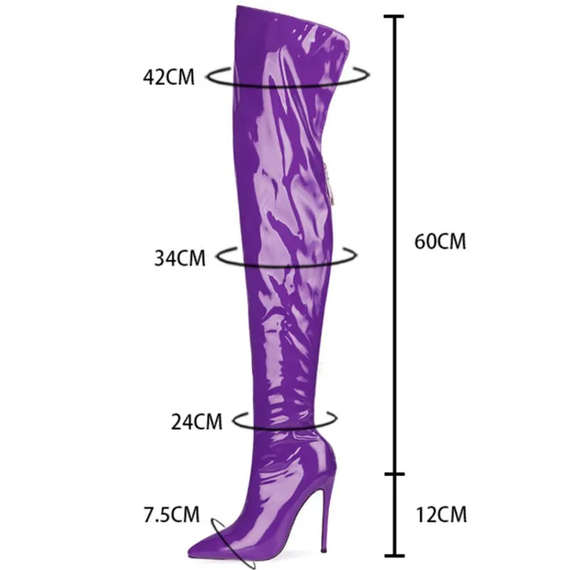 Fashion Patent Leather Women Over Knee Boots Women Back Zipper Long Boots Ladies Pointed Toe Sexy High Heels Large Size Shoes