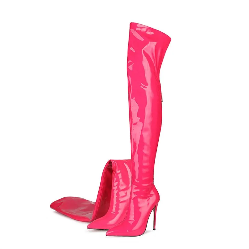 Fashion Patent Leather Women Over Knee Boots Women Back Zipper Long Boots Ladies Pointed Toe Sexy High Heels Large Size Shoes