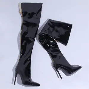 Fashion Patent Leather Women Over Knee Boots Women Back Zipper Long Boots Ladies Pointed Toe Sexy High Heels Large Size Shoes