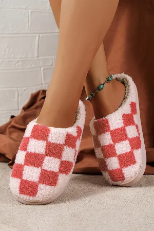 Fiery Red Checkered Print Fuzzy Slip On Winter Slippers