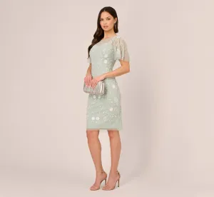 Floral Beaded Dress With Sheer Flutter Sleeves In Icy Sage Ivory