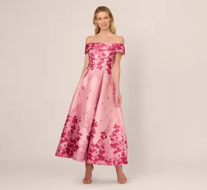 Floral Jacquard Ankle Length Dress With Off The Shoulder Neckline In Pink Multi