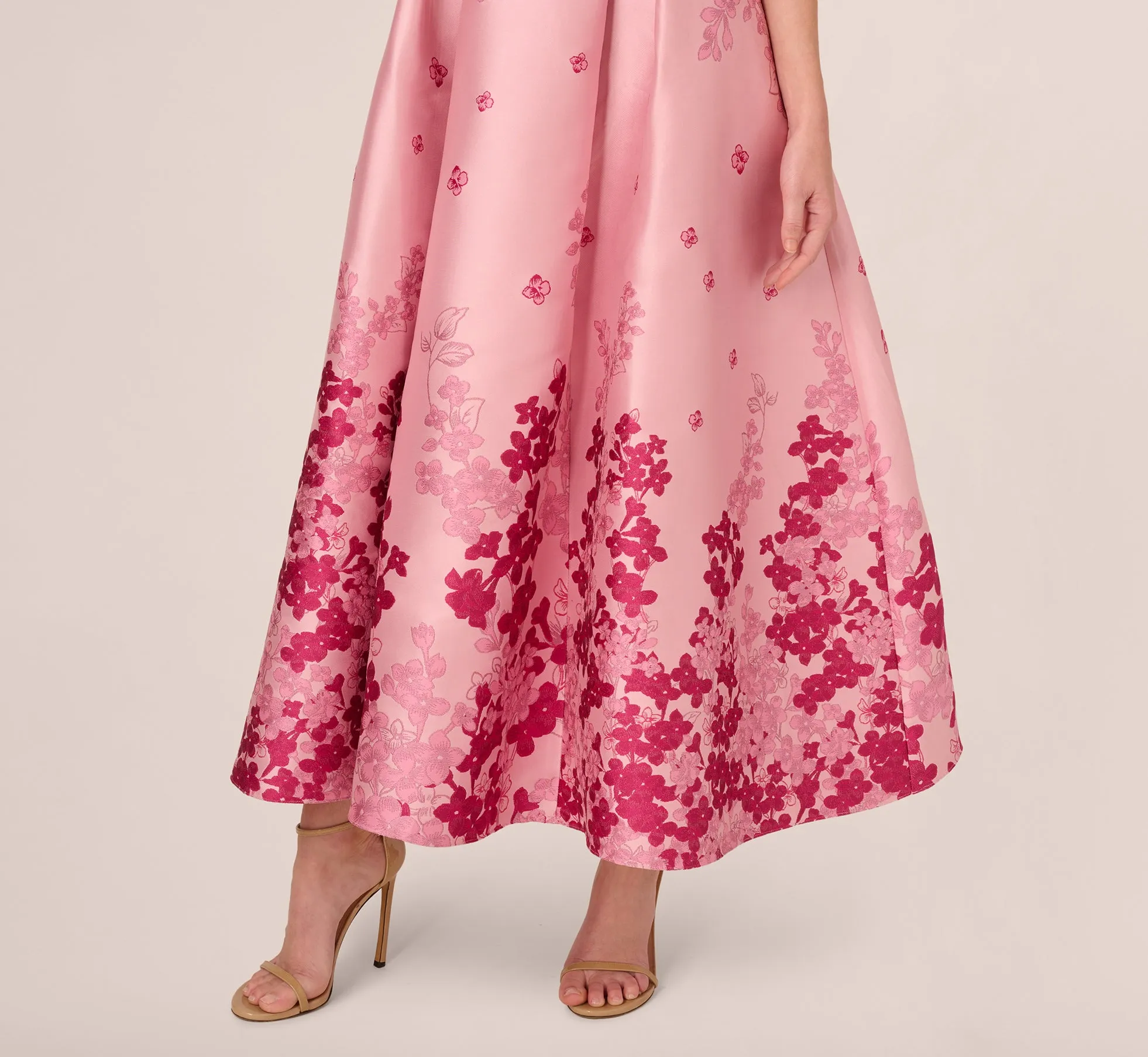 Floral Jacquard Ankle Length Dress With Off The Shoulder Neckline In Pink Multi