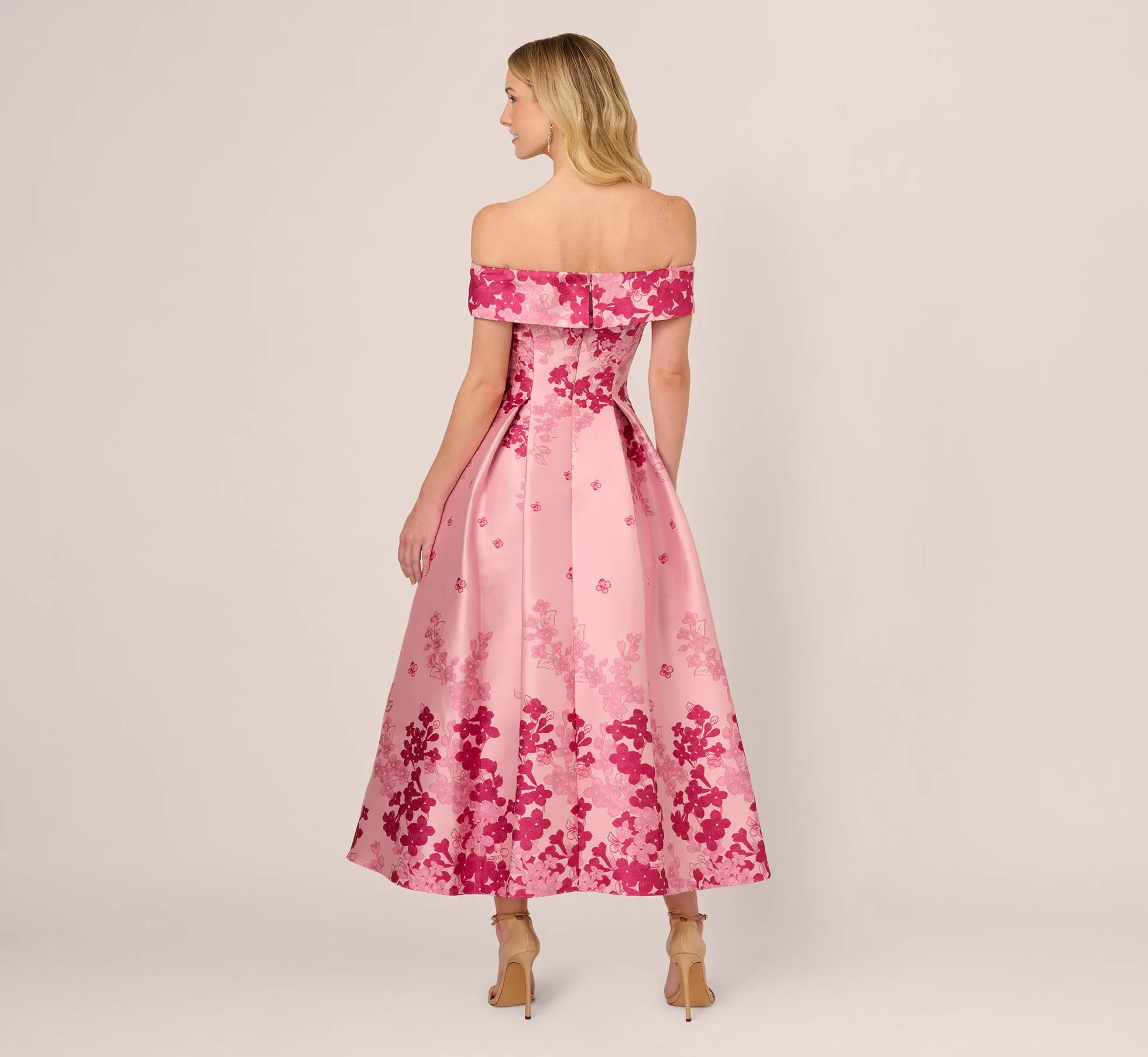 Floral Jacquard Ankle Length Dress With Off The Shoulder Neckline In Pink Multi