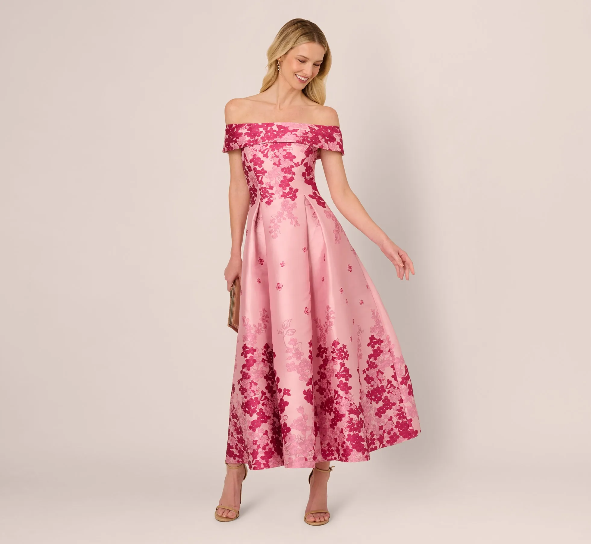 Floral Jacquard Ankle Length Dress With Off The Shoulder Neckline In Pink Multi