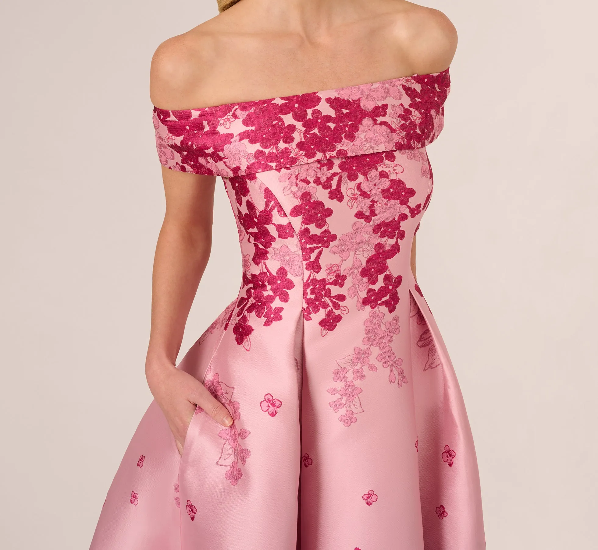 Floral Jacquard Ankle Length Dress With Off The Shoulder Neckline In Pink Multi